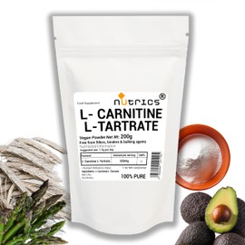 Nutrics® 200g L CARNITINE L Tartrate Powder - Highly Bioavailable 100% Pure No Fillers, Binders or Bulking Agents - Vegan Vegetarian 200g