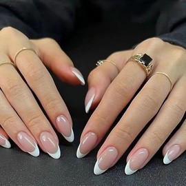 24 Piezas Uñas Postizas Francesa Corto, Rosa y Blanco Puntas Desnudas con Gel Press On para Arte de Uñas para Mujeres (E)