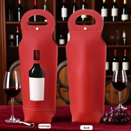 Wine Gift Bag, PU Leather Single-Bottle Wine Tote Carrier, Reusable 750ml Wine Travel Bag for wine, Foldable Bottle Gift Bag with Handle Snap, Ideal for Wedding, Birthday, Christmas (Red)