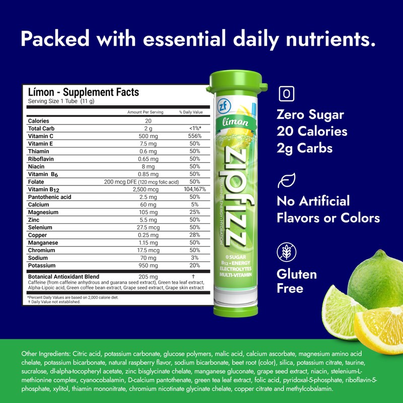 Zipfizz Daily Energy Drink Powder, Limon, 20 Pack | 3-in-1