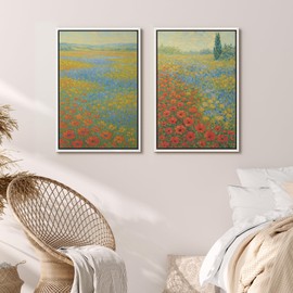 MUDECOR Framed Canvas Print Wall Art Set Colorful Wildflower Field Impressionist Landscape Illustrations Modern Art Decorative Bohemian Calm/Zen for Living Room, Bedroom, Office - 24"x36"x2 White