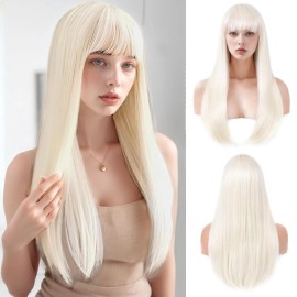 WigsA Dress Up Wig With Bangs Long Straight Synthetic Hair Platinum blonde