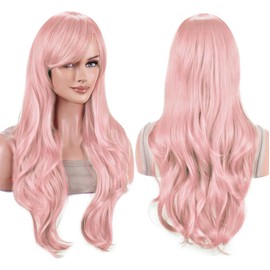 IMISSU 70 cm Long Hair Water Wavy Wigs with Fringe Cosplay Costume Wig (Light Pink)