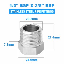 ERGAOBOY 10 Pcs 304 Stainless Steel Reducer Hex Bushing, 1/2" BSP Male to 3/8" BSP Female Pipe, Reducing Adapter Fitting Converter
