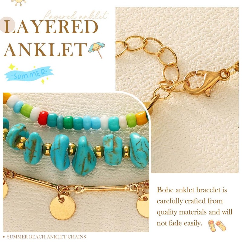 Fashband Boho Layered Anklets Turquoise Beaded Ankle Bracelets Sequins Beach