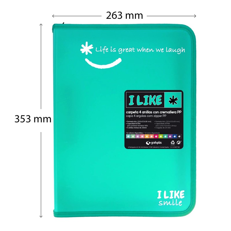 Grafoplás 4800936 A4+ Zip Ring Binder Turquoise 4 Rings 25mm