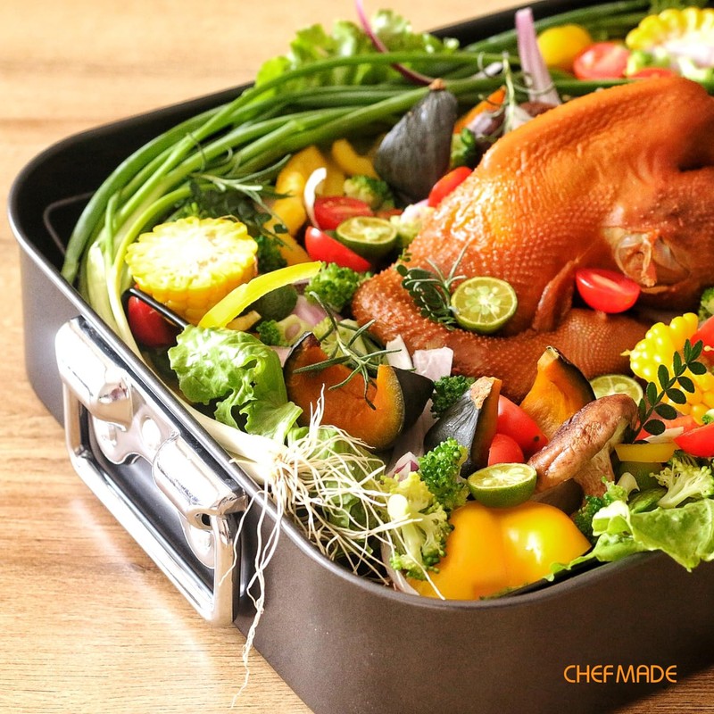 CHEFMADE Roasting Pan, 16-Inch Non-Stick Turkey Roaster Lasagna Pan with