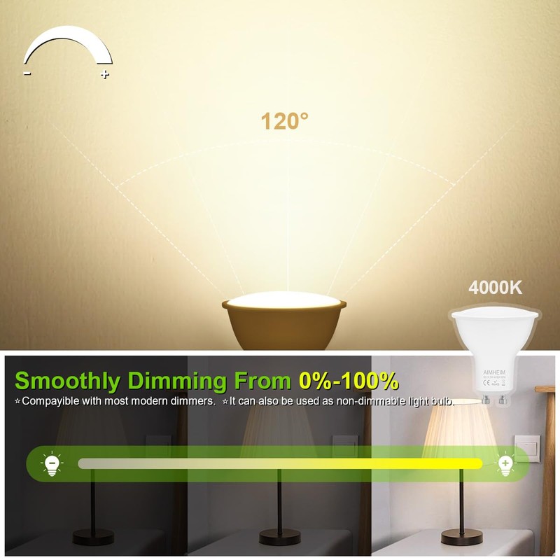 AIMHEIM Dimmable GU10 LED Spotlights, 4000K 5W Replaces Halogen 50W,