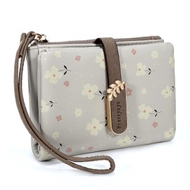 UTO Women's Large and Small Purse Flowers Many Compartments with Coin Compartment PU Leather Press Stud Zip Lightweight Wallet for Women Slim Wallet Boys Purse for Gift, Flower Small Grey, Casual