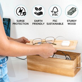 NATURE SUPPLIES Set of 2 Wooden Cable Management Boxes, Large and Medium Cord Organizer to Hide Wires and Power Strips for TV, Desk, Computer, Cable Storage and Organization, Dark Brown