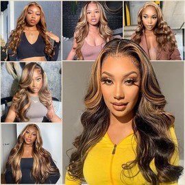 selamun 28 Inch Ombre Lace Front Wig Human Hair Pre Plucked 4/27 Highlight Lace Front Wig Human Hair Colored 180% Density Body Wave Glueless Wigs Human Hair