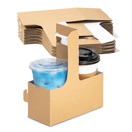 FMP Brands 2 Cup Disposable Drink Carrier with Handle, 15 Pack Kraft Paperboard Handled Drink Carriers 12-30 oz to Go Coffee Cup Holder, Cup Carrier for Cold Hot Drinks, Takeout, Cafe