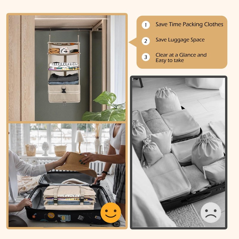 Surblue Hanging 3-Shelf Closet Organizer Foldable Travel Storage Bag for