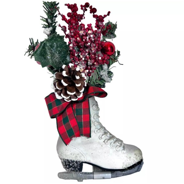 Garsons Ice Skate Christmas Ornament Greenery White Boot Pinecone Ribbon