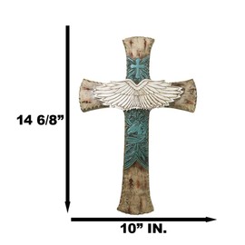 Ebros Gift Rustic Western Angel Wings Turquoise Horse And Floral Tooled Leather Wall Cross Decor Plaque In Faux Wooden Panels Figurine Inspirational Accent