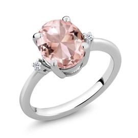 Gem Stone King 2.36 Cttw Peach Nano Morganite and White Topaz 3 Stone Ring For Women | 925 Sterling Silver | Oval 10X8MM | Gemstone October Birthstone | Available in Size 5,6,7,8,9