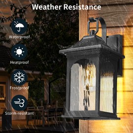 Starcurin 13.78 Inch Outdoor Light Fixtures Wall Mount, Exterior Light Fixtures Wall Mount with Water Ripple Glass, Waterproof Black Porch Lights for House Garage, Doorway (Bulbs Not Included)