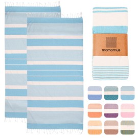 MOMOMUS Pack of 2 Fouta XL or Beach Towel Cotton 100% - Absorbent, Ultra Soft, Compact - Ideal as a Beach Towel, Hammam Towel and Sauna Towel - Turquoise, 90 x 180 cm