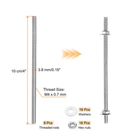 sourcing map 8pcs 8/32 Inch M4 Threaded Rods with 16pcs Hex Nuts and Washers 4 Inch 201 Stainless Steel Full Threads Right-Hand Thread for Hangers, U-Bolts, Beaded Garden Stake Rods, Silver
