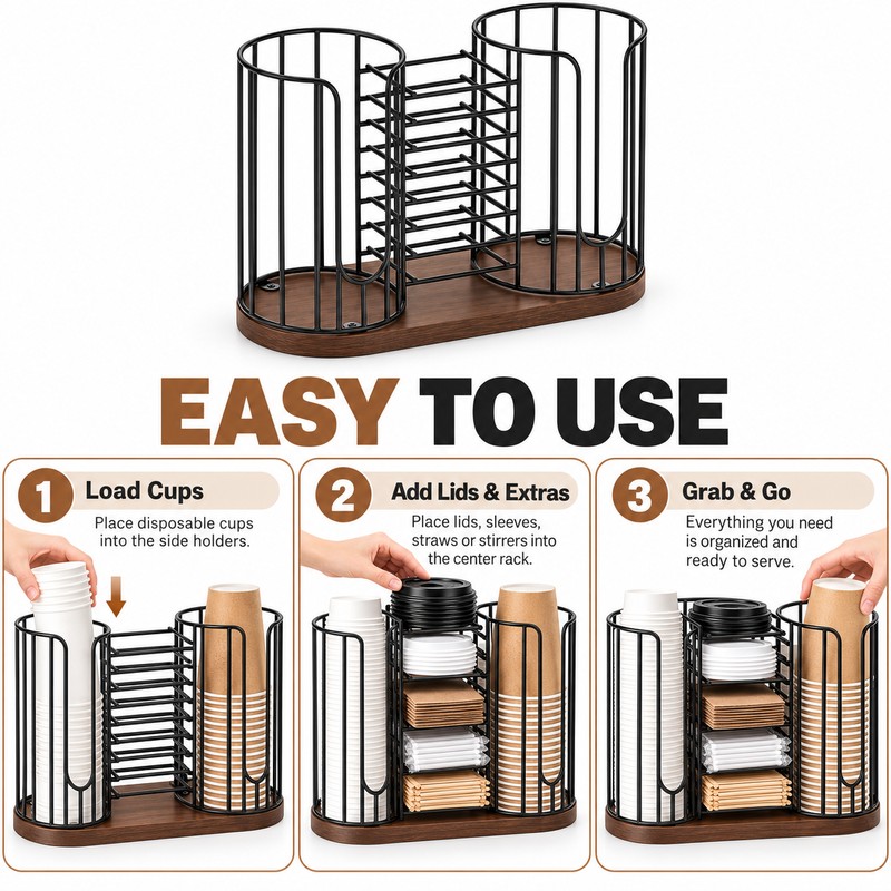 3 Compartment Coffee Cup Organizer with Lid and Straw Holder,