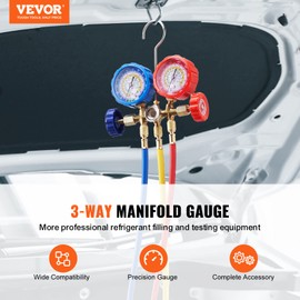 AC Gauge Set, 3-Way AC Manifold Gauge Set for R134A, R22, R12, R502 Refrigerants – Freon Gauges Include 5 ft Hoses, Couplers, and Can Tap for Car Auto Freon Charging and Evacuation