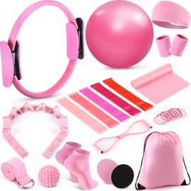 Poen 18 Pcs Pilates Ring Circle Set for Women Yoga Sets with Pilates Ring Circle Ball 5 Resistance Band Stretching Strap Non Slip Socks Ball Core Sliders Wristbands Headband Gym Bag(Pink)