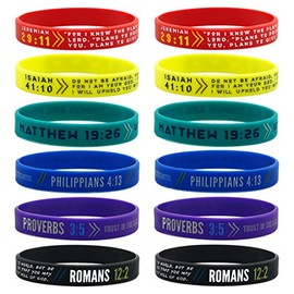(12-pack) Colorful Bible Wristbands - Wholesale Pack of Silicone Bracelets in Mixed Adult Sizes for Bulk Christian Gifts and Party Favors