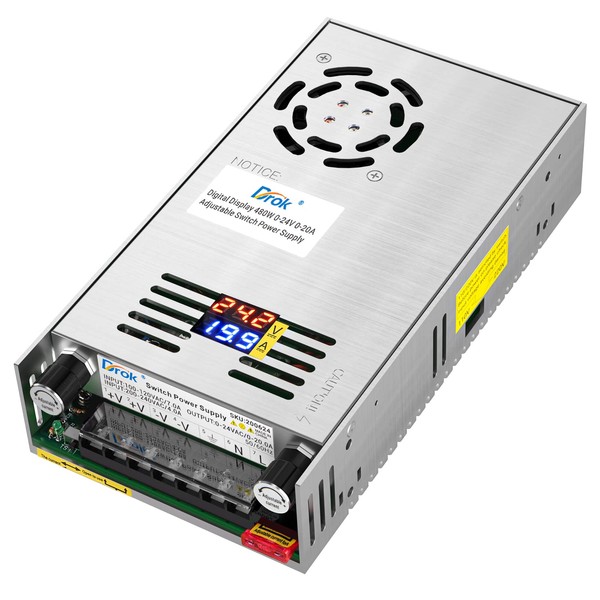 DROK Switching Power Supply, AC 110/220V to DC 0-24V, 0-20A,