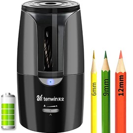 tenwin Chargeable Electric Pencil Sharpener, Heavy Duty Adjustable Art Sharpeners, Powered Auto-Stop Pencil Sharpener for Teacher Use, School, Home, Classroom Product Supplies 8028 (Black)