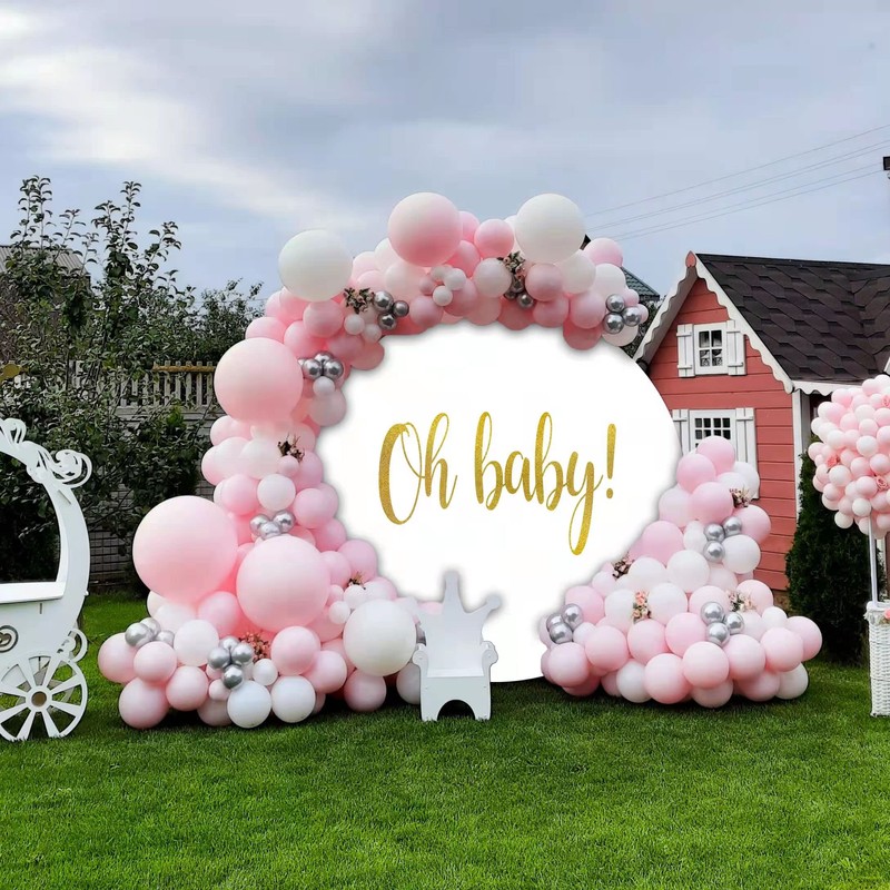 Jditngp Round Backdrop Cover Oh Baby 7.2ft, White with Gold