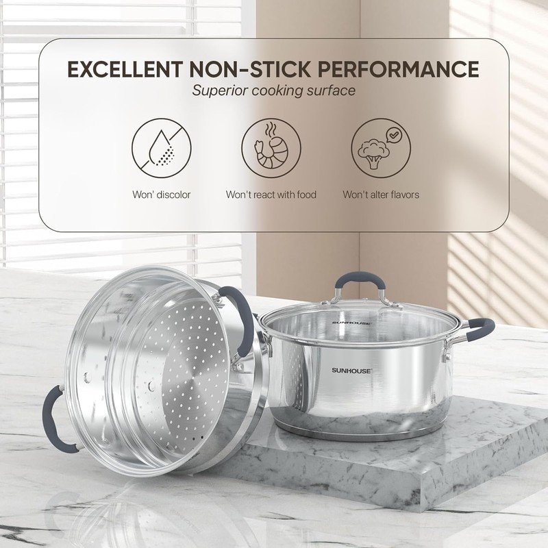 SUNHOUSE - 3.1 Quart Steamer Pots with Lid 2-Tier Multipurpose