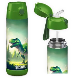 JARLSON CHARLI 18 oz Dinsaur Green Stainless Steel Water Bottle | kids water bottle, with straw, insulated, thermos, girls/boys