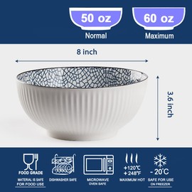 Hesen 60 oz Large Soup Bowl, Pho Bowls, Japanese Ramen Bowl Set, Big Porcelain Bowls Set of 3, 8 inches, Floral Pattern