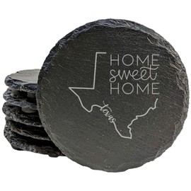 Rustic Slate Coasters Set of 5, Round 4" with Texas Outline & 'Home Sweet Home' Design, Perfect Gift for Holidays, Birthdays, Housewarming, She-Shed or Man Cave, Made in Oregon, USA