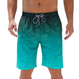 ELETOP Mens Swim Trunks 9'' Swim Shorts Swimming Board Shorts Quick Dry Bathing Suits Beach Shorts for Men(M, Leaves Gradient Green)