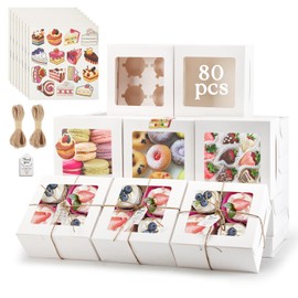 OAMCEG 80 Pack Cupcake Boxes with Window, 6x6x3 Inches White Cookie Boxes, Bakery Treat Boxes with Stickers & Twine for Pastry, Desserts, Strawberries, Cupcakes, Gift Giving