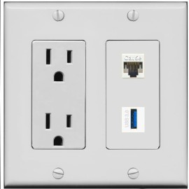 RiteAV 15 Amp Power Outlet and CAT5E USB-3 Wall Plate [Gray]