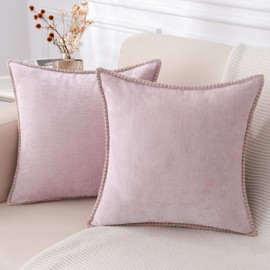 decorUhome Chenille Soft Throw Pillow Covers 18x18 Set of 2, Farmhouse Velvet Pillow Covers, Decorative Square Pillow Covers with Stitched Edge for Couch Sofa Bed, Blush Pink