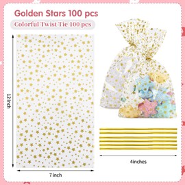 LEOSINDA 100 Pcs Cellophane Treat Bags,7 X 12 Inches Gold Star Printed Clear Cellophane Bags,100 Twist Ties,for Gift Wrapping,Packaging Candies,Dessert,Bakery, Cookies, Chocolate,Party Favor（Gold）