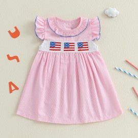 Toddler Baby Girl 4th of July Dress Flutter Sleeve American Flag Embroidery Plaid Smocked A-line Dress (Red, 3-4 Years)