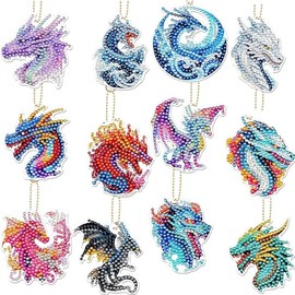 Eiapadeor Dragon Diamond Art Keychains - 12 Pcs Diamond Painting Keychains Small Crafts Kit, DIY Rhinestone Gem Art Kit for Adults