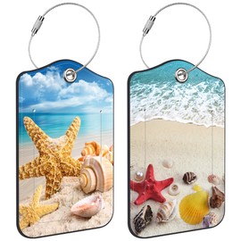 Starfish Seashells on Sand Beach Luggage Tag for Suitcase 2 Pack Leather Luggage Tag with Privacy Flap Name ID Label and Metal Loop for Women Men Travel