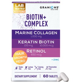 Biotin Collagen Keratin Supplement Hair Growth Tablets – Biotin 10000mcg, Marine Collagen Peptides, Keratin, Retinol, Zinc, Vitamin B6 - Hair, Skin and Nails Complex for Women and Men – 60 Tablets