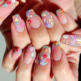 Jremg Flower Press on Nails Medium Length Square Fake Nails with Colorful Floral Design Cute 3D Flowers French Tip False Nails Glossy Nude Pink Artificial Nails Reusable Stick on Nails for Women 24Pcs