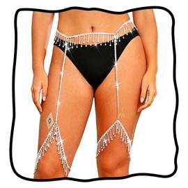 Nicute Silver Rhinestone Waist Chain Jewelry Sparkly Crystal Leg Chain Tassel Glitter Summer Beach Thigh Chain for Women