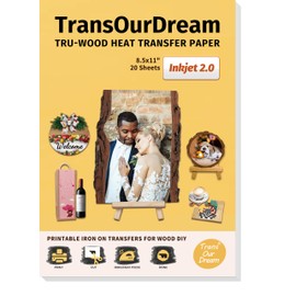 TransOurDream Tru-Wood Heat Transfer Paper for Inkjet Printer (20Sheets, 8.5x11") Printable Iron on Transfer Paper for Wood (Inkjet 2.0)