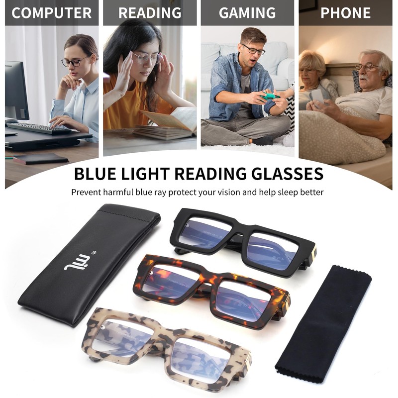 JM 3 Pack übergroße Quadratische Lesebrille für Damen Herren, Blaulichtfilter