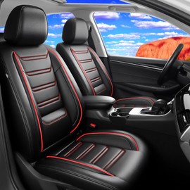 FiveFox Fit Canyon Car Seat Covers (Front Pair) for Select GMC Canyon 2015-2024 2025 - Full Coverage Leather, Waterproof & All Weather Seat Cushion Protector, Black with Red Trim