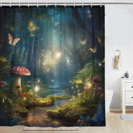 LKFBSC Mushroom Shower Curtain, Enchanted Forest Mushrooms Fireflies Butterflies Shower Curtains Set, Fairy Tale Woodland Shower Curtains Bathroom Curtain with Hooks 72x72inch