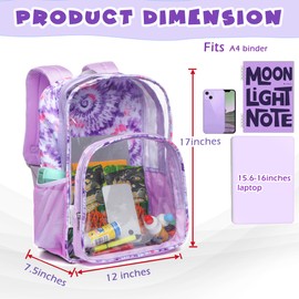 BLUEFAIRY Clear Backpack for School Stadium Approved Large PVC See Through Bag Heavy Duty Bookbag Transparent Plastic Bag for Kids Students Work Events 17" Spiral Purple